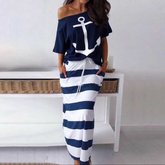 2 piece maxi skirt / t shirt striped anchor print size small - Picture 2 of 15